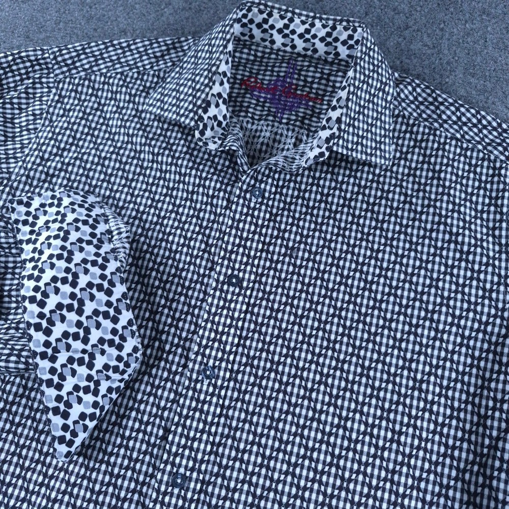 Robert Graham Mens Black White Geometric Lattice Gingham Long Slve Button Shirt